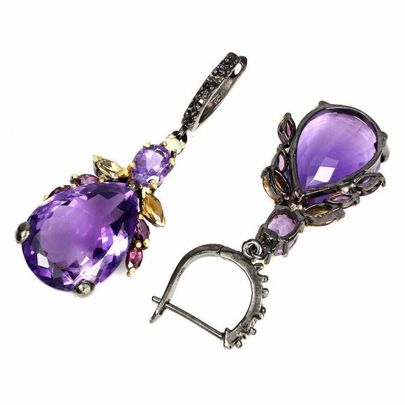 AMETHYST CITRINE FIRE OPAL 925 STERLING SILVER DANGLE EARRINGS BOHO GOTH WEDDING - Picture 3 of 11